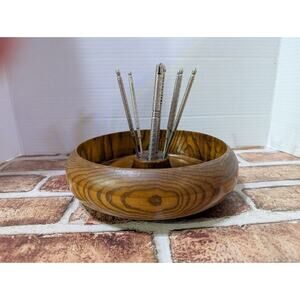Vintage MCM Turned Wood Nut Bowl Set with Metal Nutcracker & 6 Picks Retro 7"